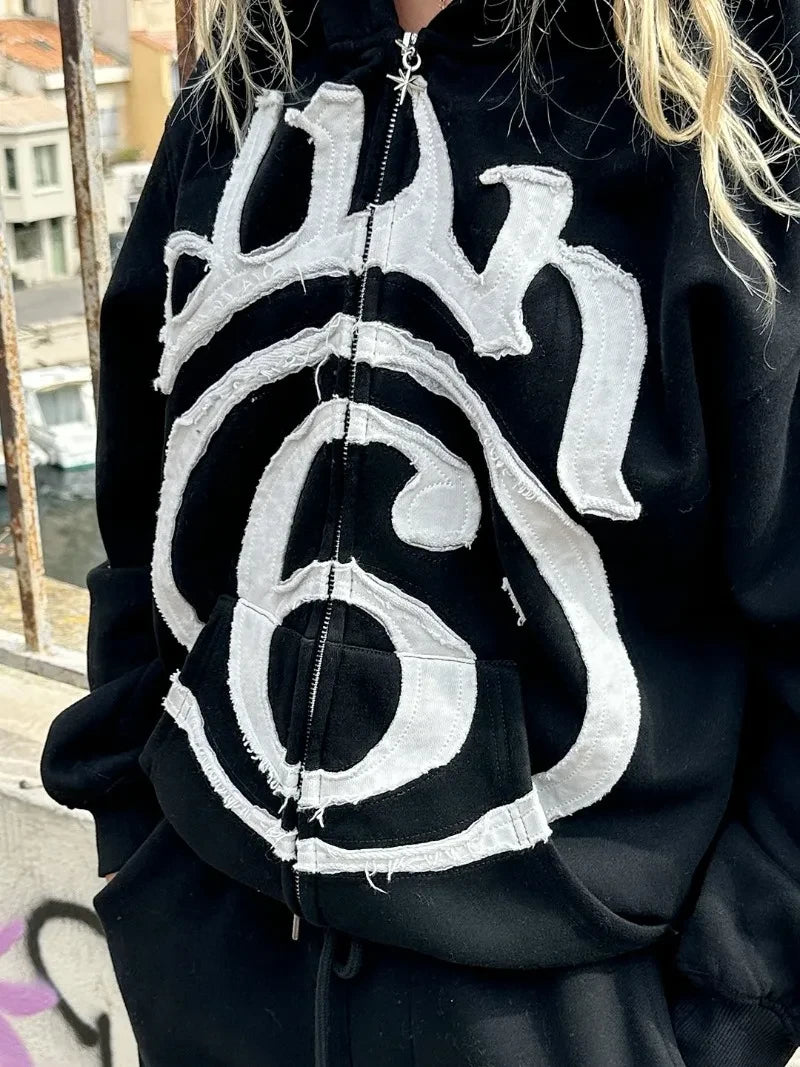 Letter Patch Zip Hoodie